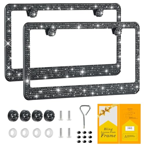 FIISFIIS Bling License Plate Frame for Women,2 Pack Premium Stainless Steel Rhinestone License Plate Holder,Handmade Glitter Crystal Diamond Girl Lincense Plate Tag Cover,Bedazzled Sparkly-Black