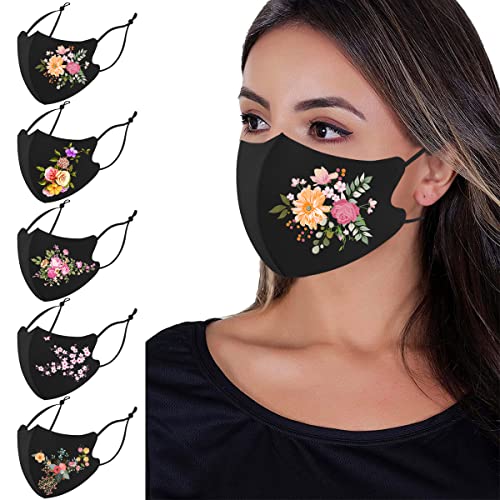 OMG Decor Face Masks Washable,Cloth Face Mask Reusable,Ice Silk Cotton Cloth Masks,Pink Flower Face Mask,Pack of 5