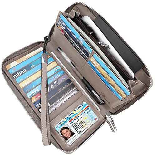 Lavemi Women's RFID Blocking 100% Leather Large Capacity Zip Around Wallet Phone Holder Clutch Travel Purse Wristlet(Large Size Vintage Gray)