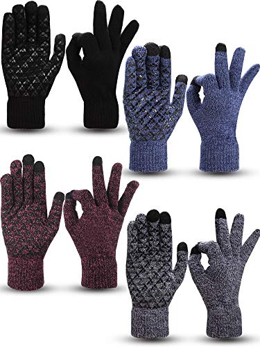 SATINIOR 4 Pairs Winter Knit Touchscreen Gloves Warm Texting Gloves Elastic Anti-slip Gloves for Adults (Black, Black Red, Black White, Navy, M)