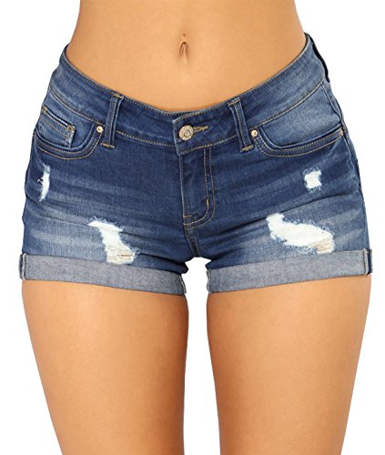 Govc Women Casual Summer Mid Waist Stretchy Denim Jean Shorts Junior Short Jeans(Dark Blue,XL)