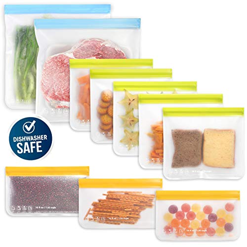 10 Pack Dishwasher Safe Reusable Food Storage Bags (5 Reusable Sandwich Bags, 3 Reusable Snack Bags, 2 Freezer Gallon Bags), Extra Thick Leakproof Silicone Free Plastic Bags