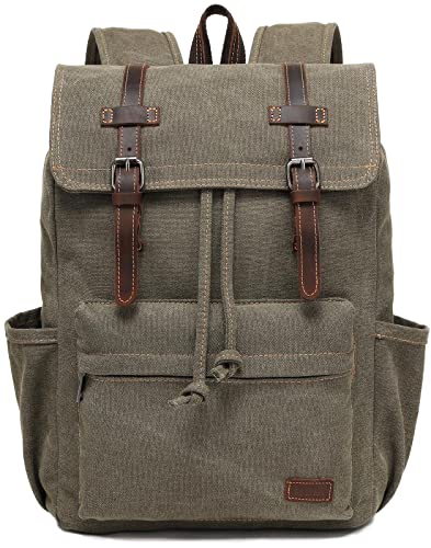 JIELV Canvas Vintage Backpack,Mens Travel Rucksack,Casual Daypack Bookbag for Laptop Work Travel Hiking(Army Green)