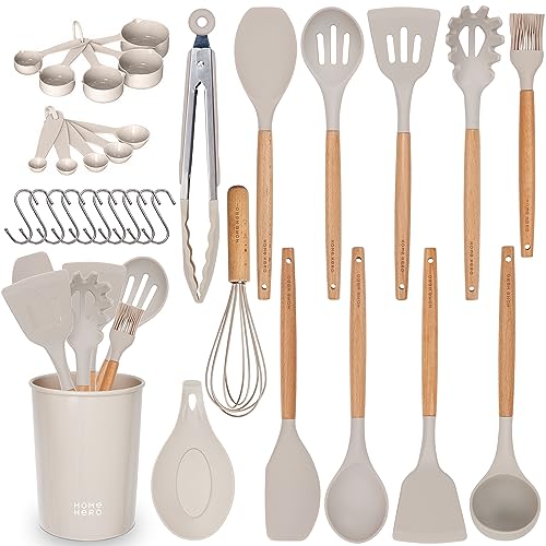 Home Hero 33 Pcs Silicone Kitchen Utensils Set - All-In-One Cooking Utensils Set Spatula Set - Non Stick Heat Resistant First Home Essentials Utensil Sets - Kitchen Gadget Set (33 Pcs Set - Stone)