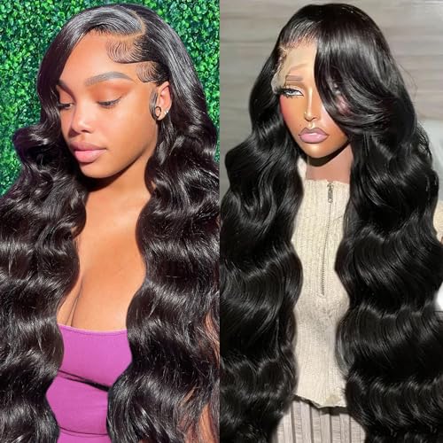 NAJOAI Body Wave Lace Front Wigs Human Hair Pre Plucked 180 Density 26 Inch 13x4 HD Transparent Frontal Wigs Glueless Wigs Human Hair Lace Front Wig for Black Women with Baby Hair Natural Black