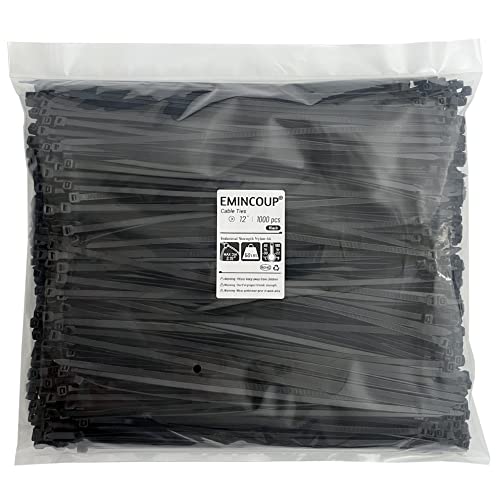 Zip Ties 12 inch 1000 Pack Black, 50 lbs Tensile Strength, Self-Locking Nylon Cable Ties, UV Resistant Plastic Wire Ties for Indoor and Outdoor Use by EMINCOUP