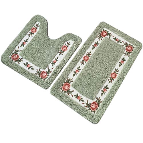 UKELER Non-Skid Floral Rose Bathroom Contour Rugs, Set of 2 Soft Shaggy Non Slip Bath Shower Mat and U-Shaped Toilet Floor Rugs, Green