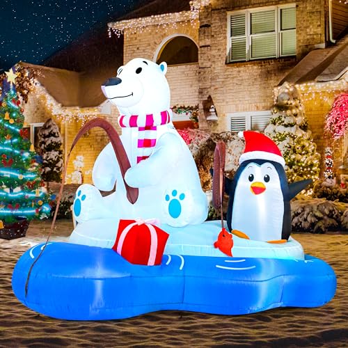 Joiedomi 6 FT Long Christmas Inflatable Polar Bear Fishing with Penguin, Blow Up Yard Decoration Inflatables with Built-in LEDs for Christmas Party Outdoor, Yard, Garden, Lawn Décor