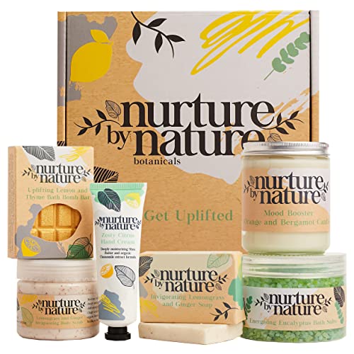 Nurture by Nature Relax & Uplift Pamper Spa Kit - Spa Gift Baskets for Women, Organic Self Care Kit - Bath Salts, Bath Bombs, Candle, Birthday & Mothers Day Gift - At Home Spa kit for women, Bath Set