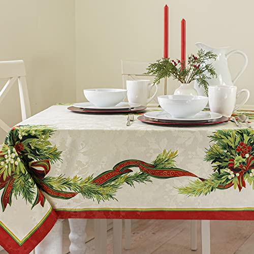 Benson Mills Christmas Ribbons Engineered Printed Fabric Table Cloth, Winter, Holiday and Christmas Tablecloth (60' X 120' Rectangular, Xmas Ribbons)