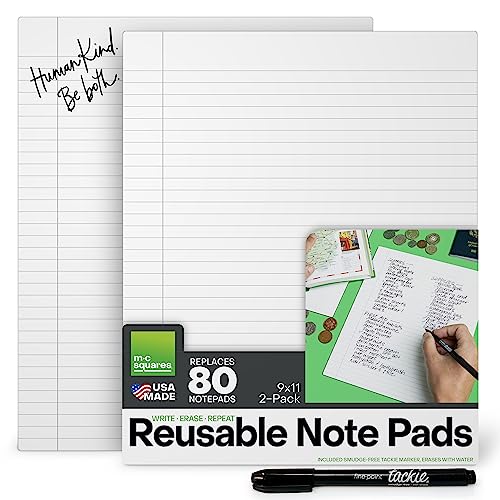 M.C. Squares Reusable Letter Note Pads | 9x11 2-Pack | Lined Dry Erase Notebook Front, White Board Back for Office, Home, School | Included Wet-Erase Tackie Marker | USA Made