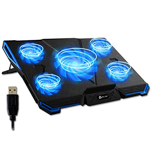 KLIM Cyclone Laptop Cooling Pad with 5 Quiet Fans - New 2023 - Gaming Laptop Cooling Pad - Stable Laptop Stand with Fan - Compatible up to 17'- 5 Year Warranty - PC Mac PS5 PS4 Xbox One - Black Blue
