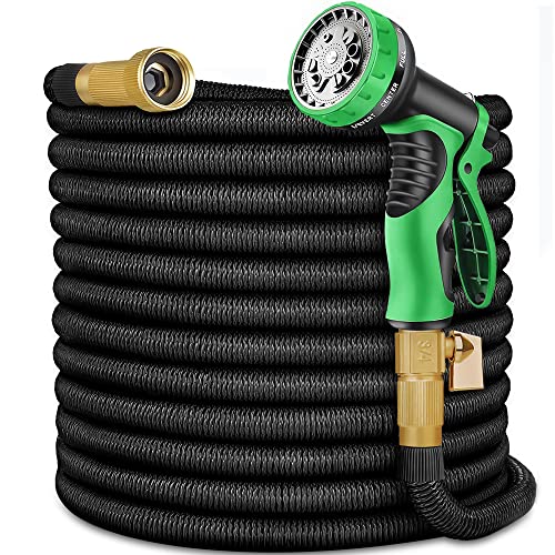 Expandable Garden Hose 50 ft with 10 Function Spray Nozzle - New Patented Water Hose with 40 Layers of Innovative Nano Rubber - Lightweight, Durable, Flexible, 50ft Retractable Stretch Hose, Black