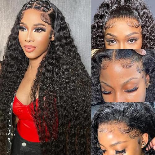 LARVOB 13x6 Deep Wave Lace Front Wigs Human Hair 28 Inch 180% Density 13x6 HD Lace Deep Curly Glueless Frontal Wigs Human Hair Pre Plucked for Women