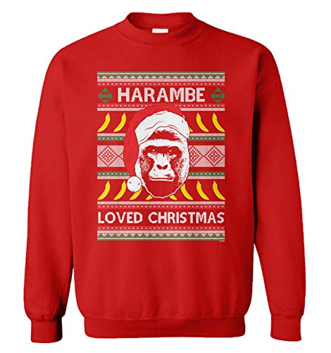 Harambe Loved Christmas - RIP Gorilla Meme Unisex Crewneck Sweatshirt (Red, Medium)