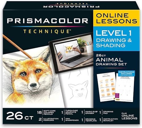Prismacolor Technique Digital Art Lesson, Animal Drawing Set, Level 1 How to Draw Animals with Colored Pencils, Graphite Pencils, Fox Drawing Lesson, Holiday Gift for Artists, Stocking Stuffer, 26 Ct