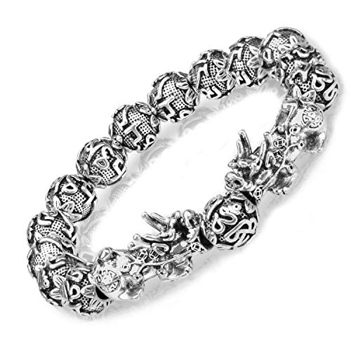 ZenBless Fengshui Prosperity Bracelet 12mm Natural Bead Bracelet Large Size Bracelet for Men Double Silver Pi Xiu/Pi Yao Attract Wealth Health and Good Luck