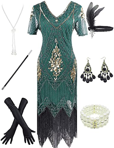 Women's 1920s Gatsby Inspired Sequin Beads Long Fringe Flapper Dress w/Accessories Set
