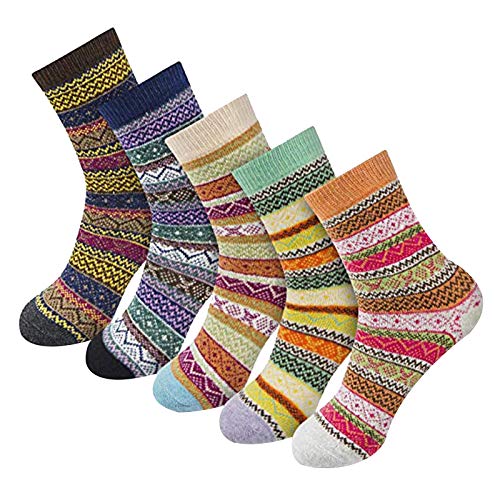 OPHPY Best Deals, 5 Pack Womens Wool Socks - Winter Vintage Warm Thick Knit Crew Socks Soft Cozy Boot Socks Christmas Gifts for Women