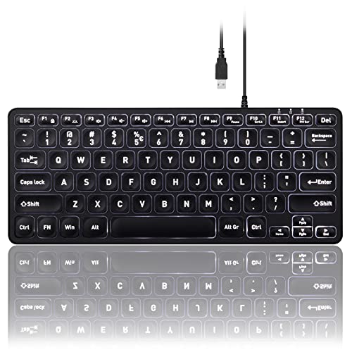 Perixx PERIBOARD-332 Wired Backlit USB Keyboard - Mini 11.22x4.57x0.83 Inches - Slim Scissor Keys with Big Font - White Illuminated LED - US English