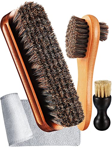 4 Pieces Horsehair Shoe Shine Brush Kit Polishing Dauber Care Applicators with Microfiber Buffing Cloth for Shoes Leather Boot Cloth Bag Care (A)
