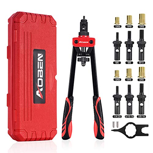 AOBEN 14' Rivet Nut Tool, Professional Hand Rivet Nut Setter Kit Labor-Saving and Compact Design Including 6 Interchangeable Mandrels 90pcs Rivnuts and 2 Mandrel Lock Pins