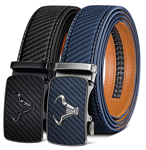BULLIANT Men belt 2Pack,Leather Ratchet Belt for Gift Men Dress Casual Jeans 1 3/8',Cut for Fit(Black/Purplish Blue,32'-38' Waist Adjustable)