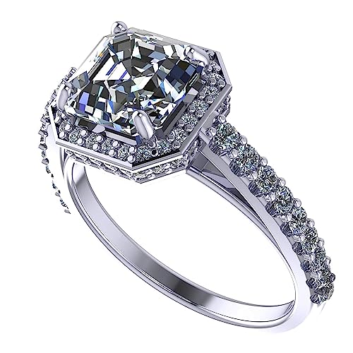 NANA Jewels Halo Engagement Ring 2.00ct Center Asscher Cut Gemstone 7mm (2.50ctw) - Platinum Plated Silver Size 8.5