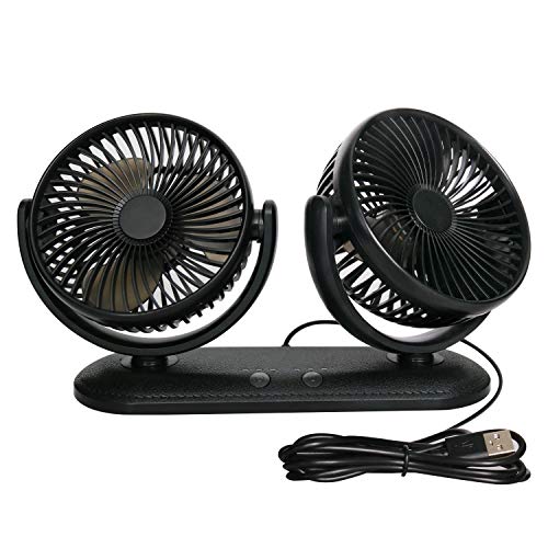 TriPole Car Fan Portable Dual Head Electric Vehicle Mounted USB 300 Degree Rotation Auto Cooling Fan 3 Speed Strong Wind Desk Fan for Dashboard SUV RV Truck Sedan Home Office
