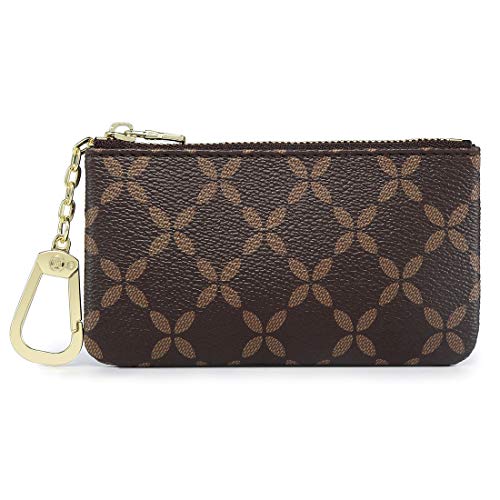 Rauder Luxury Zip Key Chain Pouch | Mini Coin Purse Wallet Card Holder with Clasp | for Men Women - Coated Canvas (Brown)