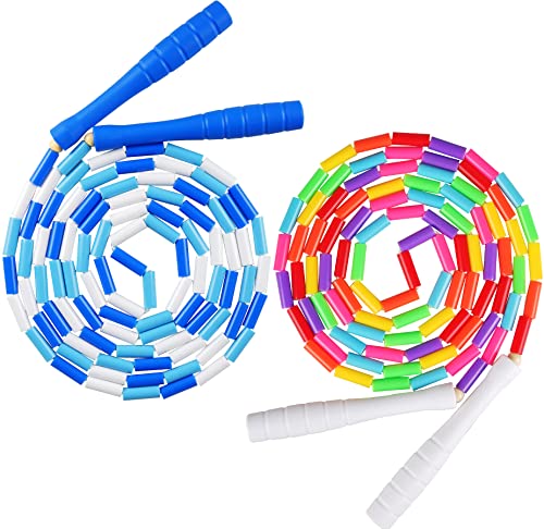 Fezog 2 Pack Rainbow Beaded Kids Jump Rope, Segmented Skipping Rope for Kids Adults, Tangle-Free Rope Skipping Child Jump Rope for Fitness Exercise Training (Blue+Rainbow/7FT)