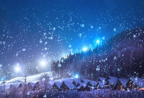 Leowefowa 5X3FT Christmas Backdrop Rustic Village Night View Forest Trees Snowing Shining Lights Blue Sky Winter Xmas Vinyl Photography Background Kids Children Newborn Photo Studio Props