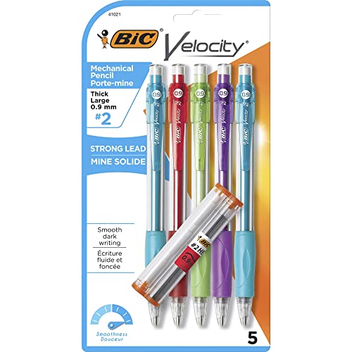 BIC Velocity Original Mechanical Pencils, Thick Point (0.9mm), 5-Count Pack and Refills, Pencils for Office and School Supplies