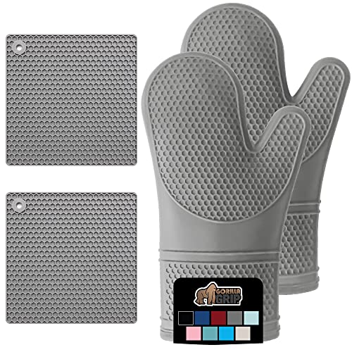 Gorilla Grip Heat and Slip Resistant 4 Piece Silicone Oven Mitt and Trivets Set, Waterproof, Cotton Lined Gloves, BPA-Free, Long Cooking Mitts and Trivet Mats, Kitchen Potholder Sets for Pans, Gray