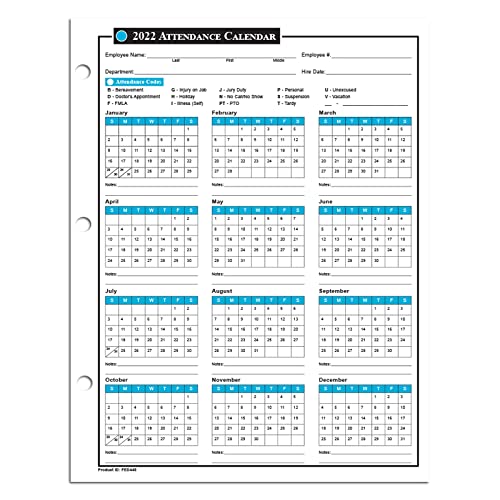2022 Attendance Calendar Sheets, Labor Law Center - Employee Attendance Tracking
