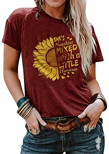 Cicy Bell Women's Sunflower Graphic Letter Print Tops Short Sleeve O Neck Summer Casual Cotton Tee Shirts (Burgundy,Medium)