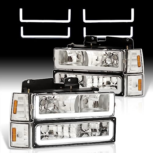 AJP Distributors Chrome Amber LED DRL Head Lights + Corner Bumper Signal Lamps Compatible/Replacement For C10 C/K C1500 C2500 C3500 K1500 K2500 K3500 Pickup Sierra Suburban Yukon 94 95 96 97 98 99 00