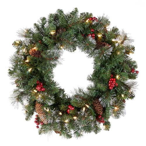 National Tree Company Pre-Lit Artificial Christmas Wreath, Green, Crestwood Spruce, White Lights, Decorated with Pine Cones, Berry Clusters, Christmas Collection, 24 Inches
