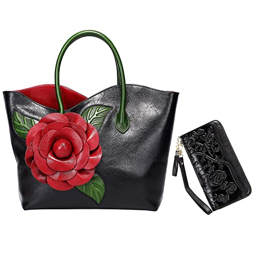 PIJUSHI Designer Genuine Leather Purses and Handbags for Women Top Handle Satchel Flower Handbag Bundle with Women Leather Wallet Floral Wristlet Ladies Clutch Purses