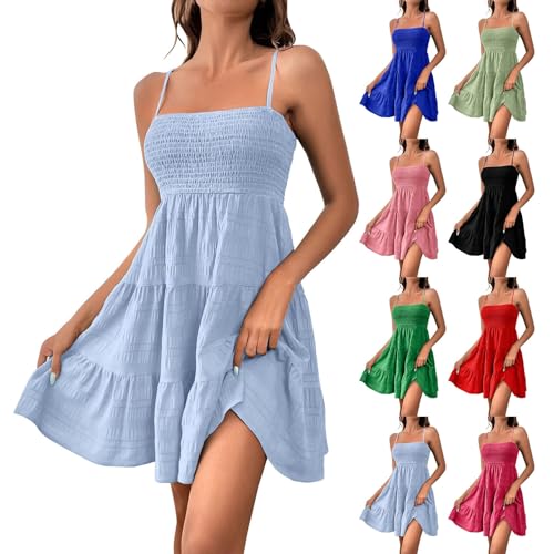 Generic Sales Today Clearance Women Summer Mini Dresses Square Neck Spaghetti Strap Sundress Casual Sleeveless Smocked A Line Tiered Beach Graduation Dress Sundresses (Light Blue, XXL), XX-Large