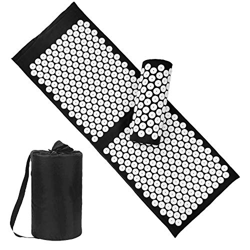 XiaoMaGe Acupressure Mat and Pillow Set with Bag - Extra Long Acupuncture Mat for Neck & Back Pain Relief- Naturally Relaxation Gift for Women - Stress Relief Massage Mat (Black)