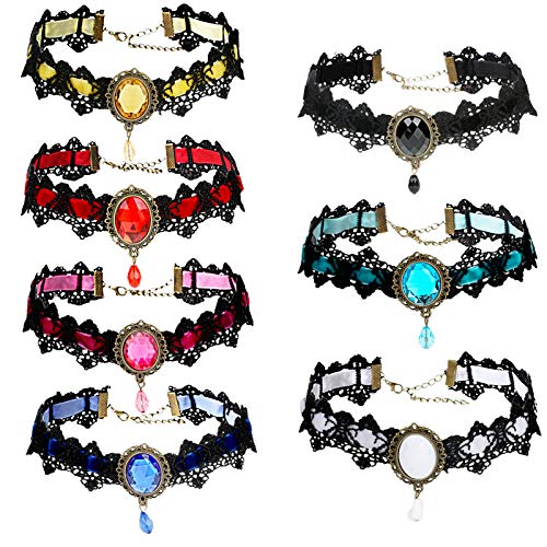 WIOR 7 PCs Gothic Choker Necklaces for Women, Retro Handmade Black Lace Chocker Velvet Clavicle Necklace with Rhinestone, Vintage Vampire Pendant Collar Chain Jewelry for Steampunk Costume Play Party