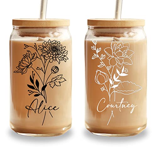 Sip Sip Hooray Personalized Name Glass Cup with Black or White Birth Flower | Custom Tumbler Birthday Gifts | Personalized Gifts for Women, Teachers, Bridesmaids, Birthdays, Mom, Valentines | 16 oz