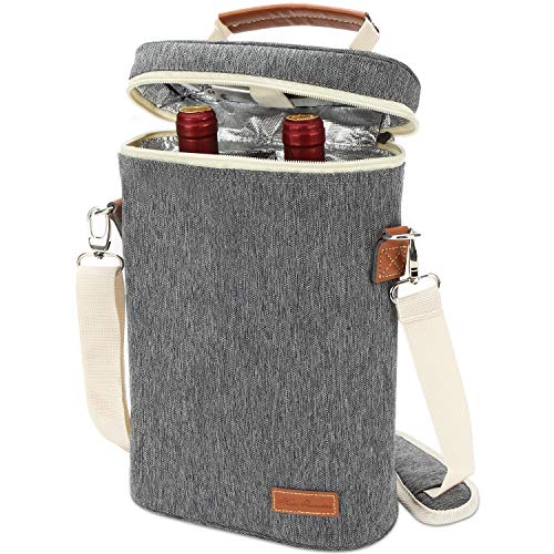 2 Bottle Insulated Wine Tote Bag, Wine Carrier Travel Padded Cooler Bag with Shoulder Strap & Corkscrew Opener, Perfect Wine Lover's Gift, Great for Picnics Grey