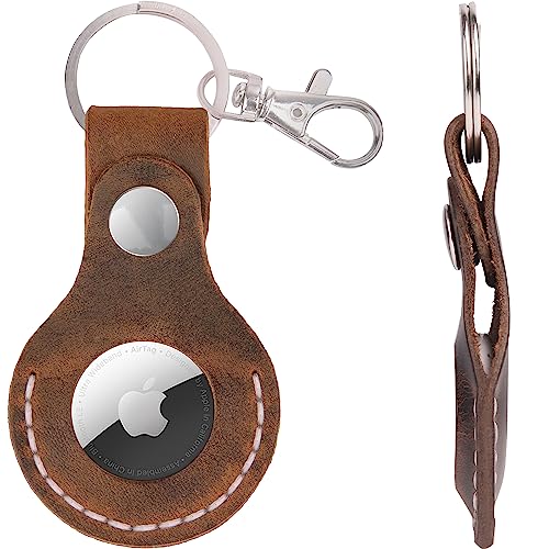 Leather Airtag Case Keychain, Portable Handmade Genuine Leather Airtag Holder (Tan)