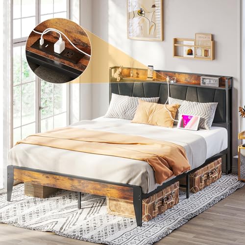ClouDDwell Queen Size Bed Frame, Storage Headboard with Charging Station, Stylish Retro Design, Easy to Assemble