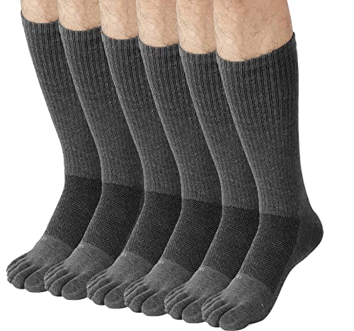 FUN TOES Men Crew Toe Socks Athletic Running Socks - Arch Support - Proper Toe Alignment - Breathable Mesh Top - Soft and Stretchy Value 6 Pairs Pack size 6-12 (Grey)