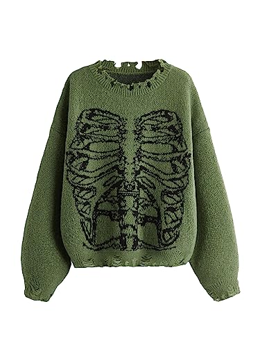 SHENHE Women's Oversized Skeleton Pattern Ripped Round Neck Sweater Pullover Green M