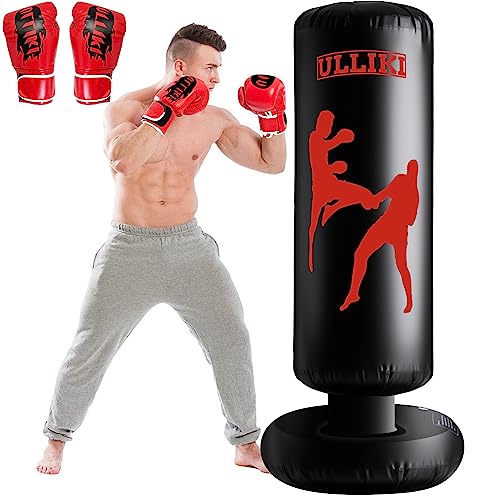 ULLIKI 65' Punching Bag for Adults and Kids with Gloves - Freestanding Heavy Boxing Bag, Inflatable Boxing Training Equipment Practice Daily Boxing Activities Gift for Kids, Men, Women, boy, Girl