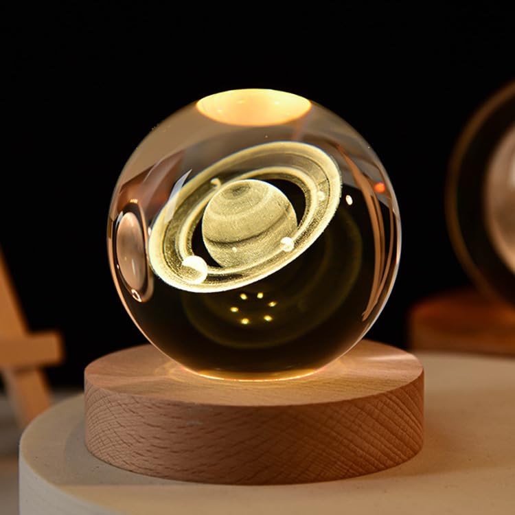 COQIRAUSEN Saturn Crystal Ball, 2.4inch(60mm) Decorative Quartz Glass Ball, Globes Gift Glass Sphere with Wooden Base, Paperweight Crystal Display Sculpture Home Decor Gifts for Women Friends